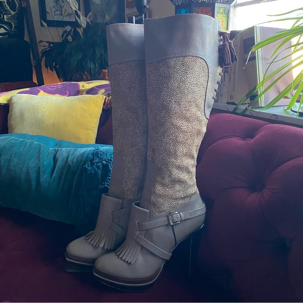 Cole Haan - Nike Air Cow Fur Gray Cream Heeled Boots Knee-High Design - size 9